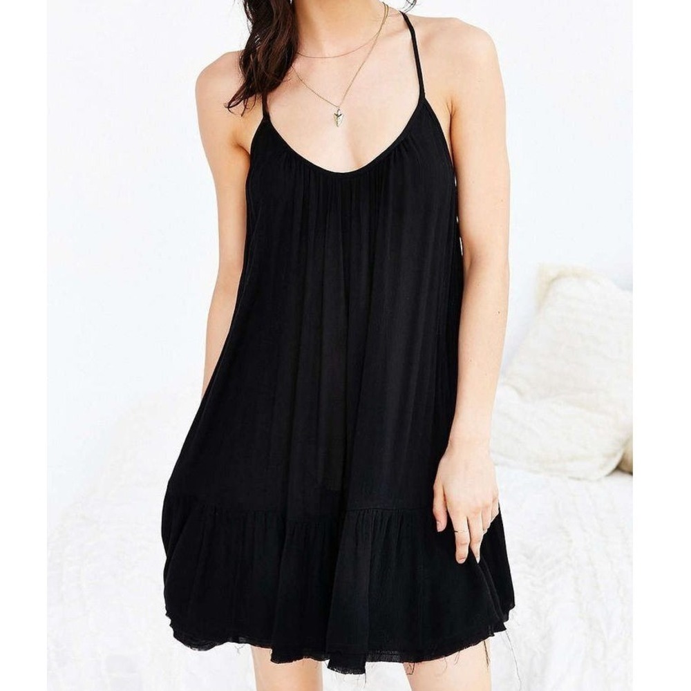 Out From Under Black Flowy Mini Dress Strappy Back Boho Tiered Raw Hem